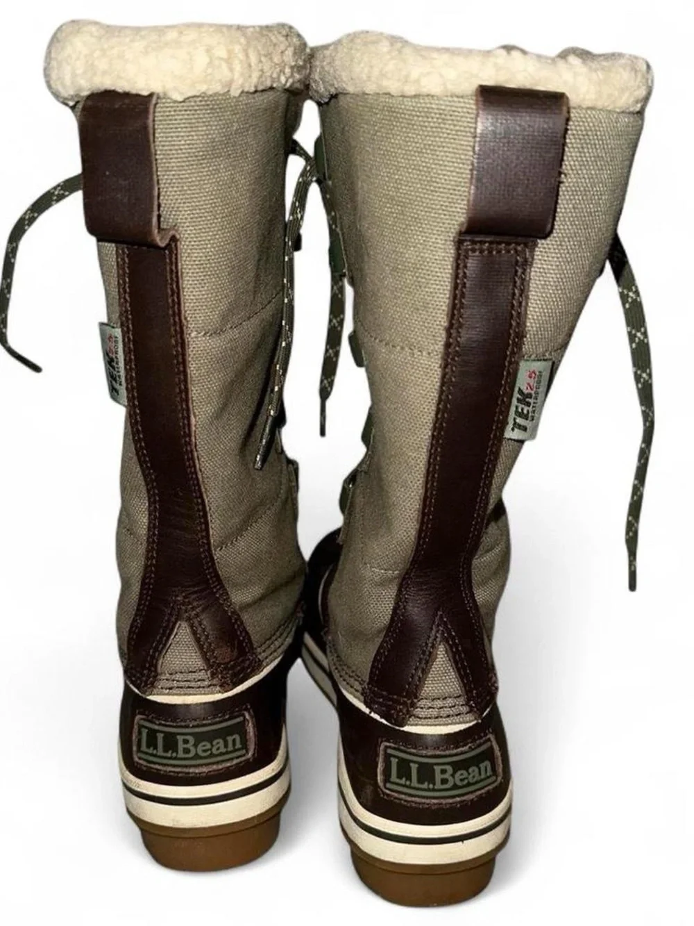 L.L. Bean Tall Lace-Up Winter Boot in Olive Canvas and Brown Leather